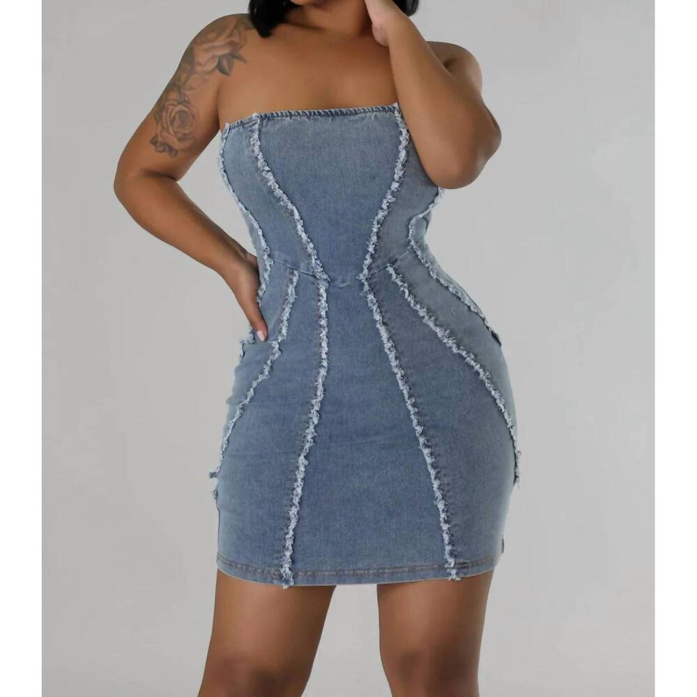 NEW GOOD TIME USA raw cut line trim strapless bodycon denim dress in acid wash